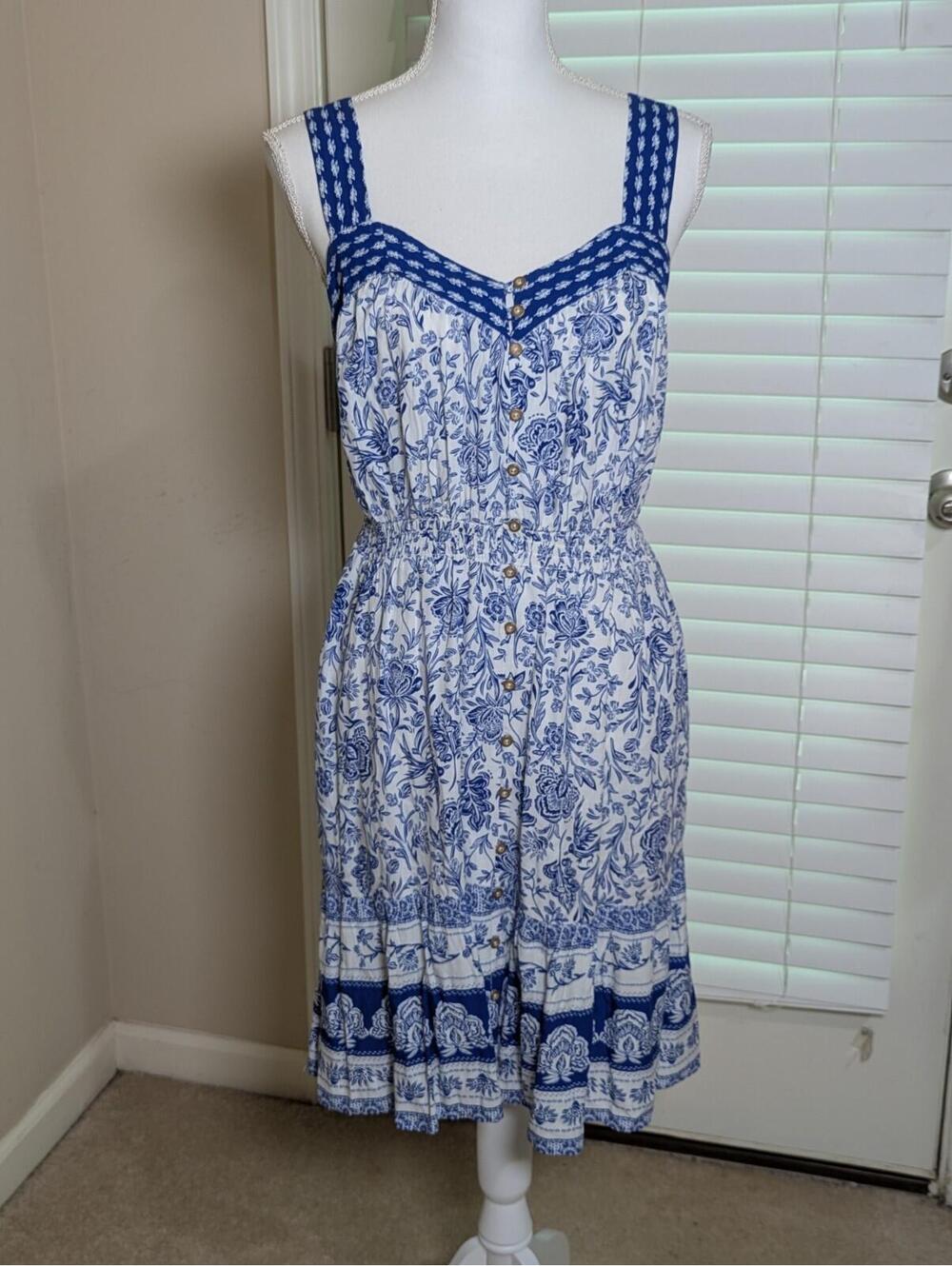 Knox Rose Women's Blue & White Floral Button Up Sun Dress Small Tomato Girl
